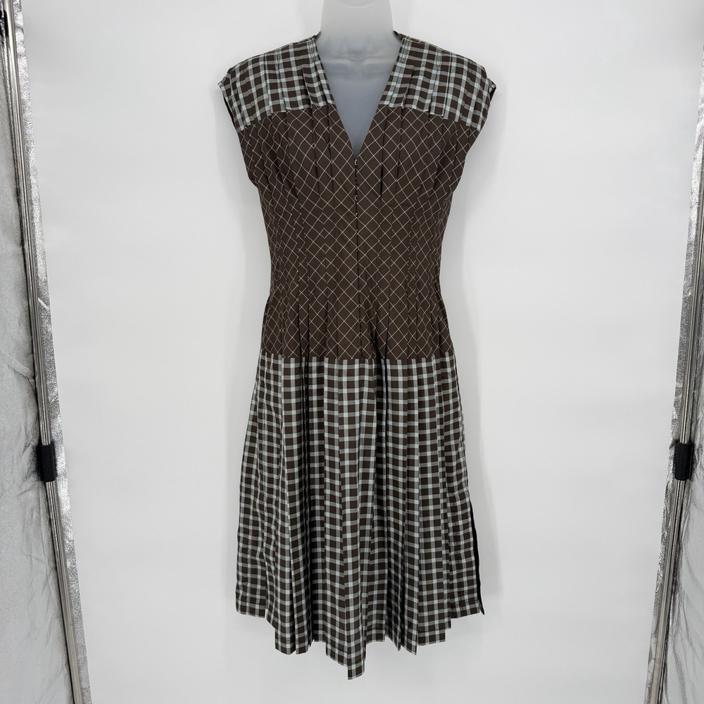 Tory Burch Sz 4‎ Plaid 100% Silk V Neck Claire McCardell Pleated Midi Dress - Picture 2 of 10